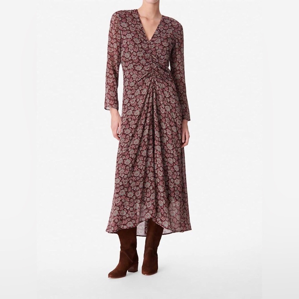 Vanessa Bruno Biba Long Sleeve V-Neck Floral Ruched Midi Dress Purple FR 42 $595